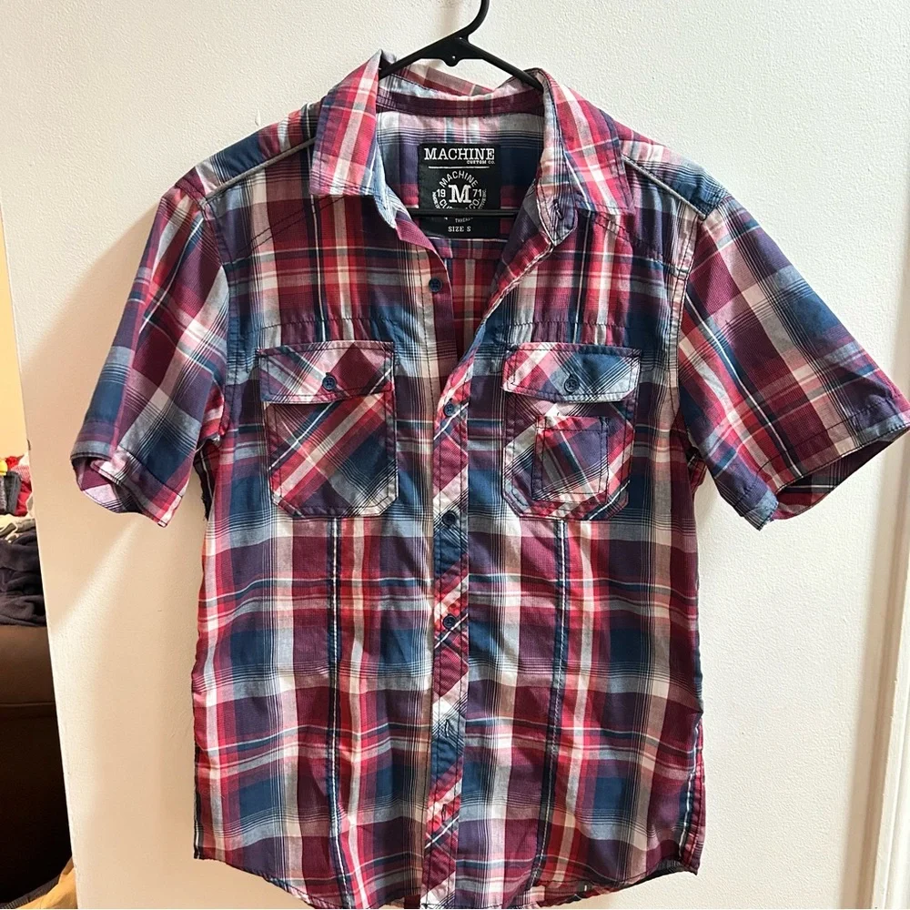 Machine Custom‎ Co Mens Red Navy Blue Plaid Short Sleeve Button Down Shirt Small
